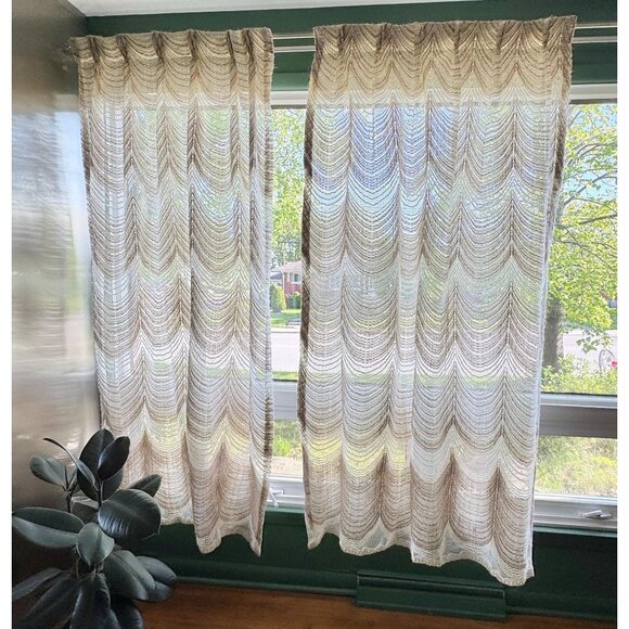 Vintage 70s mesh curtain, cream tan wavy pattern, pleated boho panel, for each - Picture 1 of 10